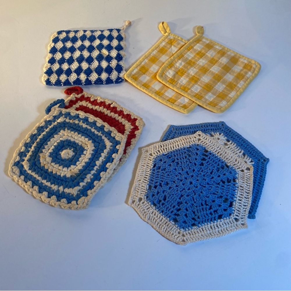 Collection Of 7 Vintage Crocheted & Fabric Small Blue, Red, Yellow Pot Holders